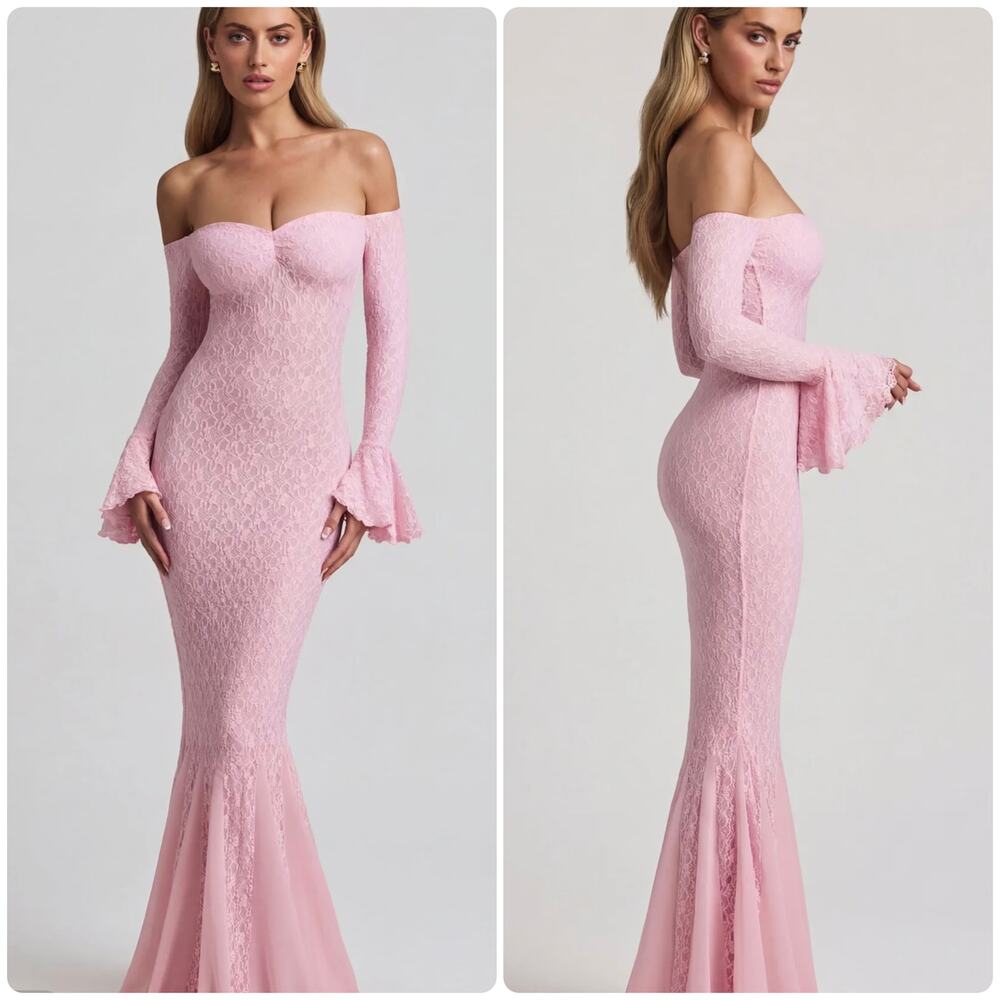 Oh Polly Verena Off-Shoulder Ruffle Lace Maxi Dress in Soft Pink Size XXS